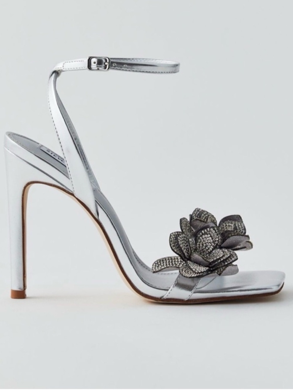 Steve Madden Ulyana Metallic Silver Floral Ankle-Strap Heels